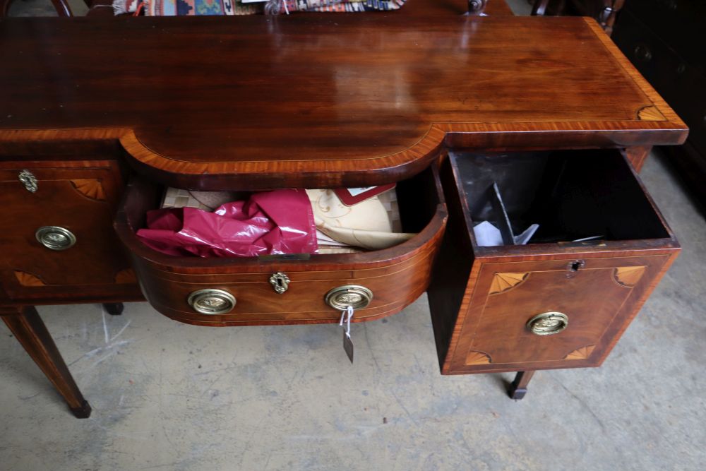 A George III satinwood banded and inlaid mahogany bowfront sideboard, width 129cm depth 53cm height 91cm